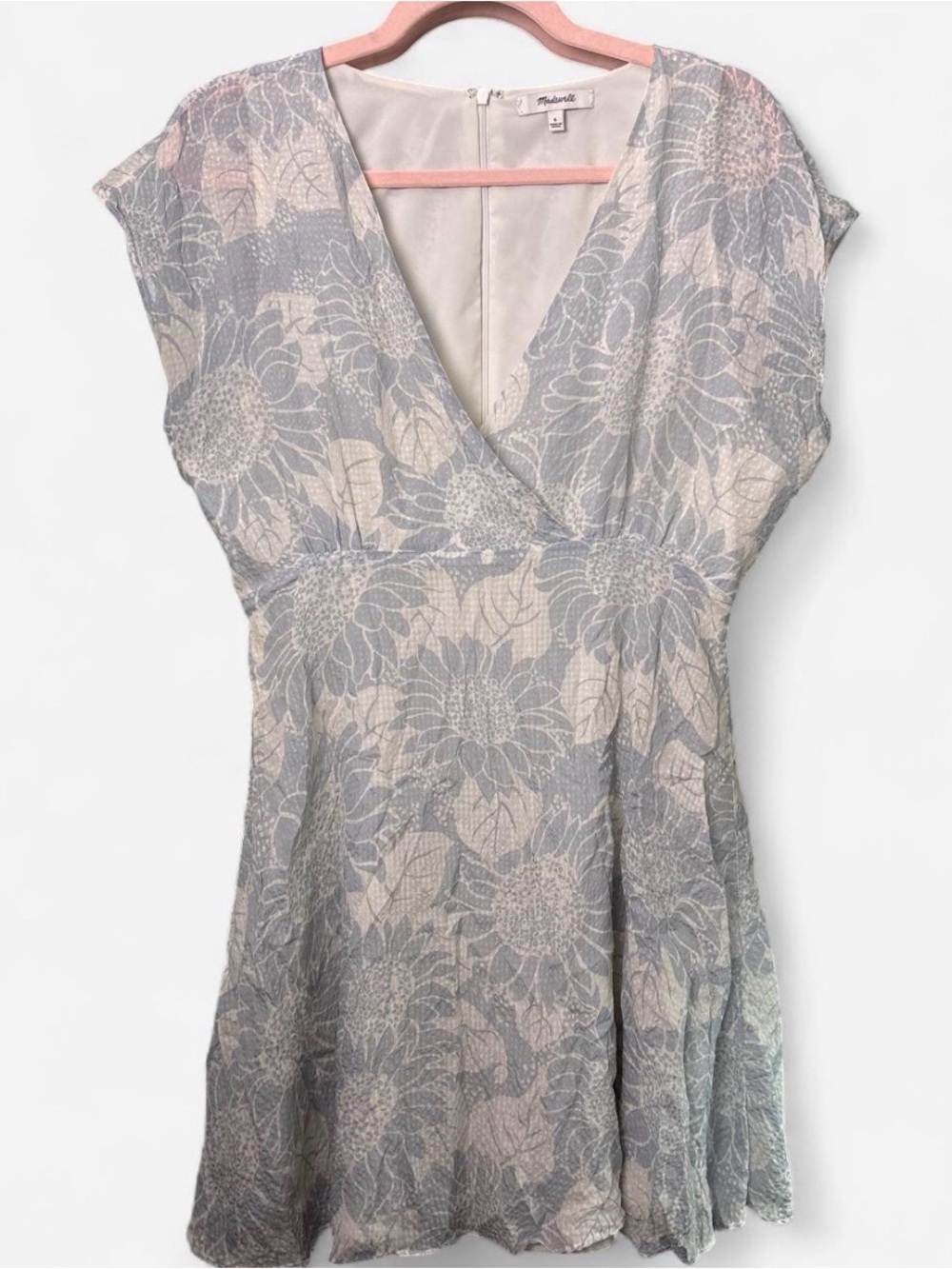 Madewell Sunflower Textured Silk Floral V-Neck Day Mini Dress Soft Blue Ivory 6🌻